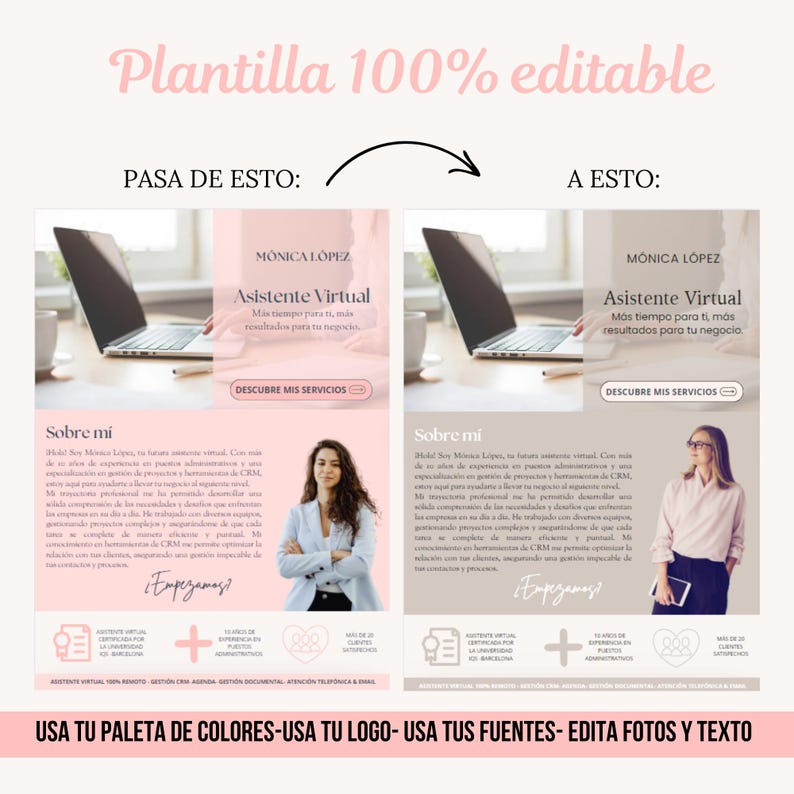 May include: A digital marketing template in pink and white, featuring Spanish text, a laptop graphic, and a woman's photo. The text includes "Asistente Virtual" and "Descubre mis servicios." The template is designed for editing.
