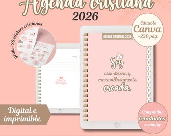 Agenda cristiana 2026 en español editable en Canva con Derechos de reventa MRR-PLR; agenda digital e imprimible para chicas cristianas