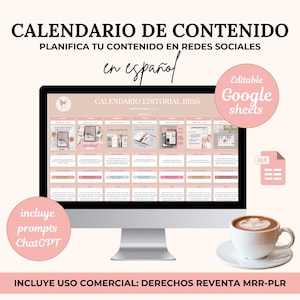 Calendario de contenido redes sociales, español, hoja de cálculo google editable, programa contenido en instagram, facebook, pinterest,MRR.