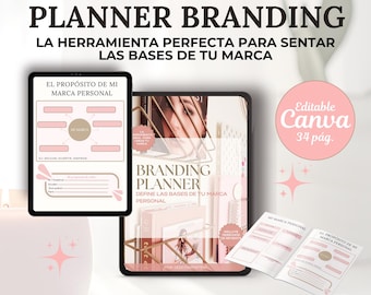 Planner de branding en español; plantilla canva editable con derechos de reventa MRR-PLR; planificador de marca personal para emorendedoras