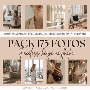 Peut inclure: Un ensemble de 175 photos esthétiques beiges, mettant en scène des modèles sans visage dans divers décors. Les photos sont de haute qualité et au format PNG. Le texte "PACK 175 FOTOS" et "Faceless beige aesthetic" est affiché sur l'image.