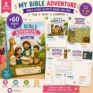 Op de afbeelding: My Bible Adventure bijbelstudie-activiteitenboek voor kinderen met een kleurrijke kaft met illustraties van een giraf, schaap, leeuw en kinderen met een figuur die een boek leest. Bevat pagina's over Adam en Eva, Noach, Esther en geloofsstappen.