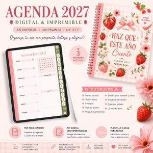 Könnte beinhalten: Ein digitaler und druckbarer Planer für 2027 mit einem Erdbeer- und Blumenmotiv auf dem Einband. Der Planer hat eine Spiralbindung, 108 Seiten und misst 21,59 mal 27,94 cm. Ein Tablet zeigt eine Kalenderseite für November 2027 und einen Eingabestift.