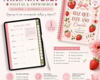 Digital Planner Spanish 2027| Printable Planner PDF | Hyperlinked GoodNotes Planner | Canva Editable | Weekly Monthly Calendar | Agenda 2027