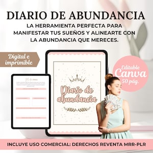 Diario de abundancia en español, plantilla Canva editable con derechos de reventa PLR-MRR, Ley de la atracción, manifestación de dinero.