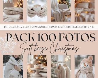 Bündel von 100 Premium-Weihnachtsfotos in Beige; Master Wiederverkaufsrechte. Gemütliche Weihnachtsästhetik. Stärken Sie Ihre sozialen Medien. Abbildungen.