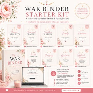 K&ouml;nnte beinhalten: Ein War Binder Starter-Kit mit einem Gebets- und Glaubenstagebuch, neun Registerkarten mit den Titeln Prayer Requests, Answered Prayers, Scripture & Study, Family, Finances, Health & Healing, Fasting, Gratitude und Goals & Dreams sowie einem Laptop.