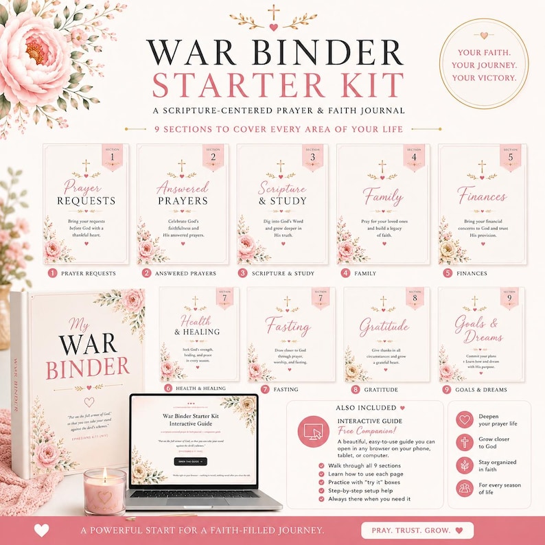 K&ouml;nnte beinhalten: Ein War Binder Starter-Kit mit einem Gebets- und Glaubenstagebuch, neun Registerkarten mit den Titeln Prayer Requests, Answered Prayers, Scripture & Study, Family, Finances, Health & Healing, Fasting, Gratitude und Goals & Dreams sowie einem Laptop.