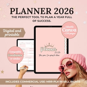 Può includere: Un'agenda digitale per il 2026 con copertina rosa e la scritta "Planner 2026". L'immagine include il testo "Digital e stampabile", "Compatibile Goodnotes o simili", "Modificabile Canva +230 pagine" e "This year, I'm going to shine."