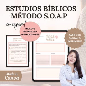 Könnte beinhalten: Ein digitaler druckbarer Arbeitsbogen für das Bibelstudium mit der S.O.A.P.-Methode. Der Arbeitsbogen ist in Spanisch und enthält Anweisungen und eine Vorlage. Der Arbeitsbogen ist rosa und weiß mit einem goldenen Rand. Der Text auf dem Arbeitsbogen lautet "Metodo S.O.A.P." und "Instrucciones Metodo S.O.A.P."