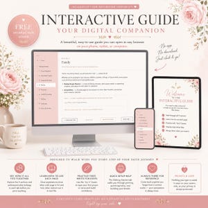 K&ouml;nnte beinhalten: Ein interaktiver digitaler Leitfaden auf einem Computermonitor, Tablet und Smartphone. Der Bildschirminhalt zeigt ein glaubensorientiertes Layout mit Abschnitten f&uuml;r Familie, Gebet und Finanzen, verziert mit zarten rosa Blumenakzenten und Text.