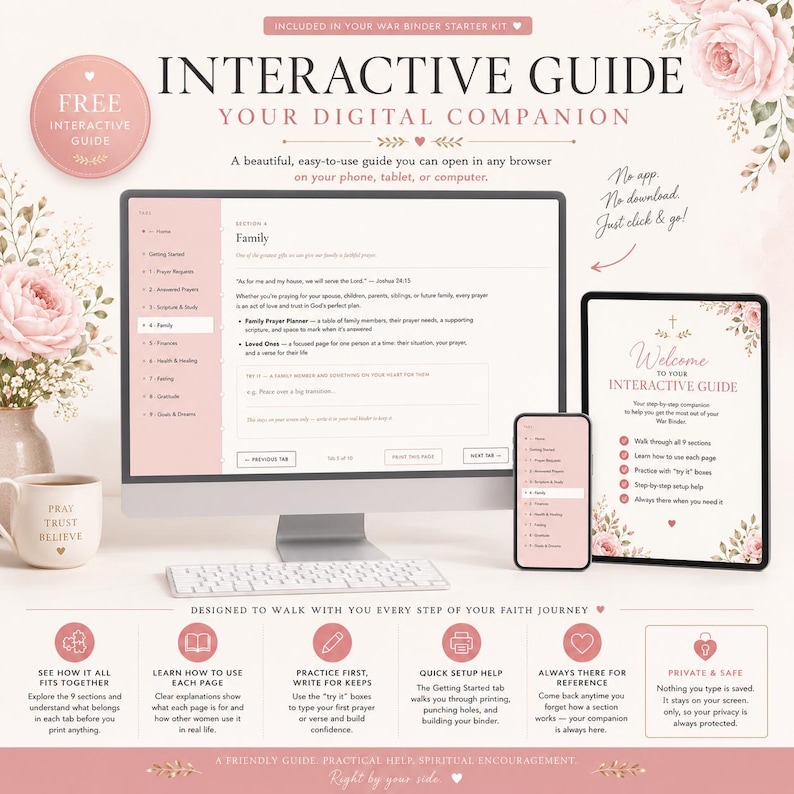 K&ouml;nnte beinhalten: Ein interaktiver digitaler Leitfaden auf einem Computermonitor, Tablet und Smartphone. Der Bildschirminhalt zeigt ein glaubensorientiertes Layout mit Abschnitten f&uuml;r Familie, Gebet und Finanzen, verziert mit zarten rosa Blumenakzenten und Text.