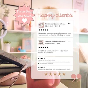 K&ouml;nnte beinhalten: Eine rosa-wei&szlig;e Grafik mit dem Text "I'm an Etsy star seller" und "Happy clients" in rosa-wei&szlig;er Schrift. Die Grafik zeigt F&uuml;nf-Sterne-Bewertungen und Kundenrezensionen f&uuml;r einen digitalen Planer und einen Content-Kalender. Der Text in den Rezensionen lautet "Planificador de vida saluda...", "Necesitaba encontrar un producto como este y, encontrarlo en Etsy, ha sido de gran ayuda.", "Calendario de contenido re...", "increible producto, em ayudo a organizar mucho mi contenido", "me encanto, muy bonita, practica", und "Magnifico!! Me ha encantado, estoy muy satisfecha con la compra."