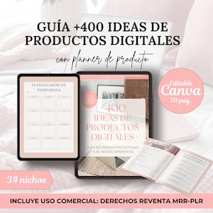 Guía 400 ideas de productos digitales rentables en español con derechos de reventa MRR y PLR , ingresos pasivos, planificador Infoproductos.