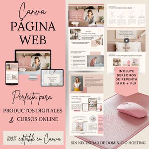 Puede incluir: Una plantilla de página web Canva rosa y blanca para productos digitales y cursos en línea. La plantilla incluye texto que dice "Canva Página Web", "Perfecta para Productos Digitales & Cursos Online", y "100% editable en Canva". La plantilla también incluye imágenes de una mujer trabajando en una computadora portátil y un ratón rosa.