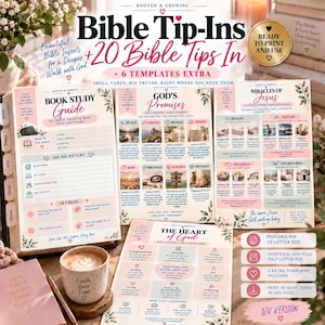 Könnte beinhalten: Eine Sammlung von druckbaren Bibel-Einlegern und Studienleitfaden-Vorlagen mit zarten rosa und blauen Blumenakzenten. Die Seiten enthalten Abschnitte mit den Titeln Book Study Guide, God's Promises, Miracles of Jesus und The Heart of God.
