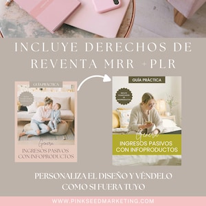 Puede incluir: Dos portadas de productos digitales con una mujer en cada una. Las portadas se titulan "Genera Ingresos Pasivos con Infoproductos" y ambas tienen una etiqueta "Guia Practica". El texto "INCLUYE DERECHOS DE REVENTA MRR + PLR" est&aacute; en la parte superior de la imagen. El texto "PERSONALIZA EL DISE&Ntilde;O Y V&Eacute;NDELO COMO SI FUERA TUYO" est&aacute; debajo de las portadas. El texto "WWW.PINKSEEDMARKETING.COM" est&aacute; en la parte inferior de la imagen.