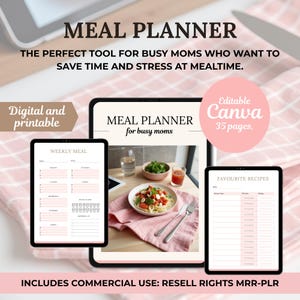 Może przedstawiać: Cyfrowy planer posiłków z tekstem "MEAL PLANNER" i "for busy moms". Obrazek przedstawia tygodniowy układ posiłków i układ ulubionych przepisów. Planer jest edytowalny w Canva i zawiera prawa do odsprzedaży do użytku komercyjnego.
