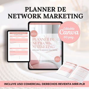 Planificador de mercadeo en red en español; plantilla digital e imprimible editable en Canva; MRR y PLR. Ingresos pasivos con tu negocio MLM.