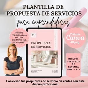 Plantilla de propuesta de servicios para emprendedoras; en español, editable en Canva; con derechos de reventa MMR/PLR. Productos digitales.