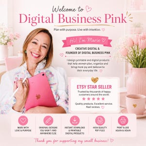 K&ouml;nnte beinhalten: Eine Werbegrafik f&uuml;r Digital Business Pink mit einer Person, die ein rosa Tablet und einen Stift h&auml;lt. Der Text enth&auml;lt Welcome to Digital Business Pink, Hi I'm Marie, Etsy Star Seller sowie Symbole f&uuml;r digitale Produkte.
