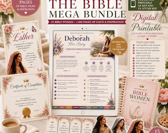 Könnte beinhalten: Ein digitales und druckbares Women of the Bible Mega-Bundle mit 200 Seiten Studienmaterial, darunter ein Tablet mit der Geschichte von Deborah, ein Abschlusszertifikat, ein spiralgebundenes Notizbuch und vier Lesezeichen mit Blumenmotiven.