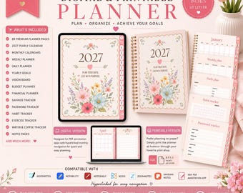 2027 Digital Planner | Hyperlinked GoodNotes Planner | Printable PDF Planner | Weekly Monthly Daily Agenda | Pink Floral Planner