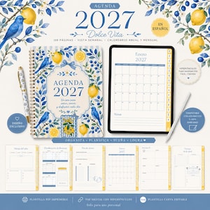 May include: A 2027 spiral-bound agenda with a blue and yellow lemon and bird pattern, featuring a digital tablet displaying a January 2027 calendar, a matching pen, and several printed planner page layouts including financial and goal tracking sheets.