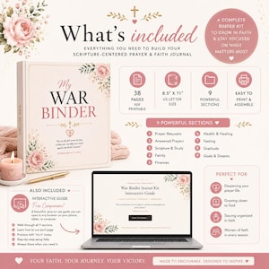 K&ouml;nnte beinhalten: Ein digitales Ordner-Set mit dem Titel My War Binder mit Blumenmotiven, 38 druckbaren Seiten im Format 21,59 cm x 27,94 cm, 9 Abschnitten wie Gebetsanliegen und Schriftstudium, einem interaktiven Leitfaden und einem Laptop mit dem Starter-Kit.