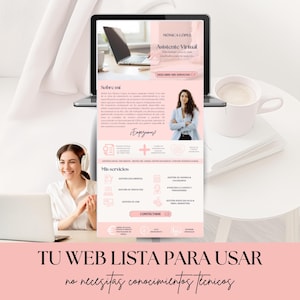 May include: A laptop screen shows a website design with the text "M&oacute;nica L&oacute;pez Asistente Virtual". The website has a pink and white design, with service and contact sections. A woman smiles while wearing headphones and using a laptop.