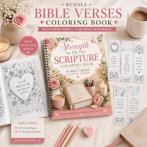 May include: A spiral-bound Bible verses coloring book titled Strength in Scripture with 50 pages and 5 bookmarks. The cover features floral illustrations, a book, and a mug. Includes a separate coloring page, colored pencils, and a heart-shaped eraser.