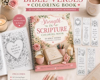 Könnte beinhalten: Ein spiralgebundenes Malbuch mit Bibelversen namens Strength in Scripture mit 50 Seiten und 5 Lesezeichen. Das Cover zeigt Blumenillustrationen, ein Buch und eine Tasse. Enthält eine separate Malvorlage, Buntstifte und einen herzförmigen Radiergummi.