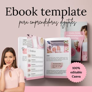 May include: A pink and white ebook template for digital entrepreneurs. The cover features a woman in a pink outfit holding a coffee cup. The title of the ebook is "Guia Para Emprendedora Digital". The inside pages feature a table of contents and sample text.