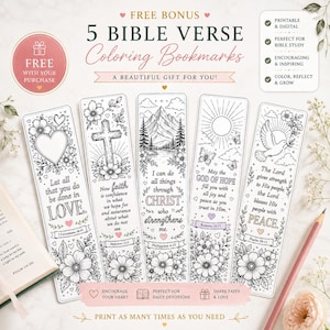 K&ouml;nnte beinhalten: F&uuml;nf schwarz-wei&szlig;e Lesezeichen zum Ausmalen mit Blumenmotiven und Bibelversen wie 1. Korinther 16,14, Hebr&auml;er 11,1, Philipper 4,13, R&ouml;mer 15,13 und Psalm 29,11, erg&auml;nzt durch Illustrationen von einem Herz, einem Kreuz, Bergen, Sonne und einer Taube.