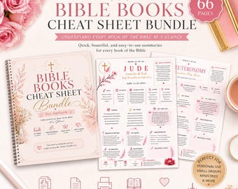 May include: A Bible Books Cheat Sheet Bundle featuring 66 pages of summaries. The spiral-bound cover and interior pages display pink floral accents, gold text, and icons. The text includes Bible Books Cheat Sheet Bundle, Jude, and Deuteronomy.