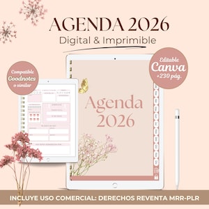 Agenda digital e imprimible 2026 en español para mujeres; plantilla editable Canva ;Derechos de reventa MRR-PLR. Compatible Ipad, Goodnotes. image 1