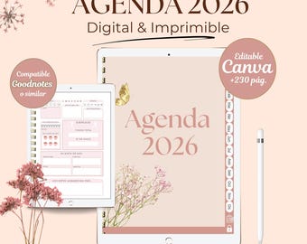 Agenda digital e imprimible 2026 en español para mujeres; plantilla editable Canva ;Derechos de reventa MRR-PLR. Compatible Ipad, Goodnotes.