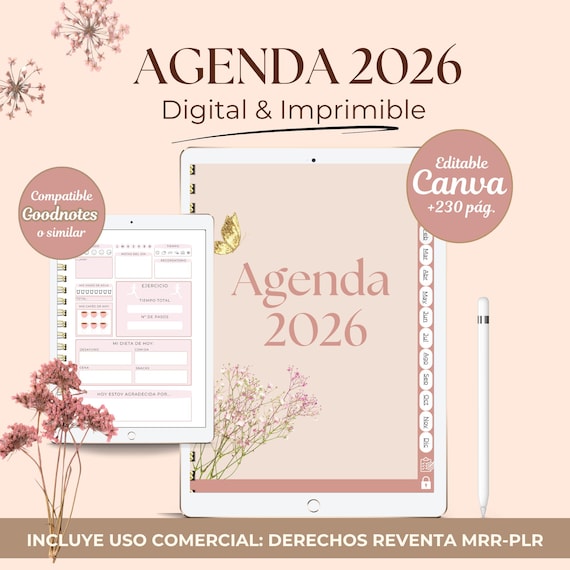 Agenda digital e imprimible 2026 en español para mujeres; plantilla editable Canva ;Derechos de reventa MRR-PLR. Compatible Ipad, Goodnotes.