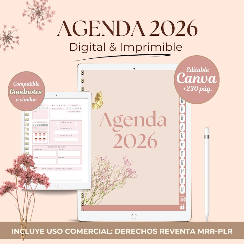 Agenda digital e imprimible 2026 en español para mujeres; plantilla editable Canva ;Derechos de reventa MRR-PLR. Compatible Ipad, Goodnotes. image 1
