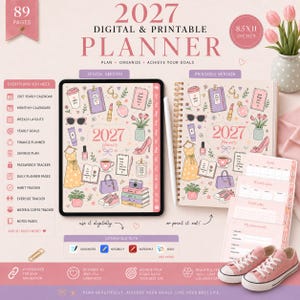 May include: A 2027 digital and printable planner featuring 89 pages and 8.5x11 inch dimensions. The cover displays a pattern of illustrated items including a dress, shoes, coffee, and books. Includes a tablet, a spiral notebook, and a stylus.