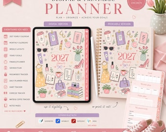 2027 Digital Planner | Hyperlinked GoodNotes Planner | Printable PDF Planner | Weekly Monthly Daily Agenda | Pink Feminine Planner