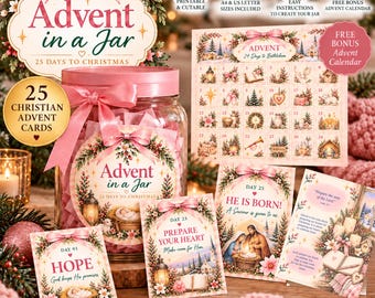 Christian Advent in a Jar Cards, 25 Printable Christmas Devotionals for Families, Bible Verse Activities, Free Advent Calendar Bonus