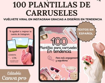 Pack de 100 plantillas para carruseles de Instagram en español, coquette aesthetic, editable en Canva con derechos de reventa MRR-PLR