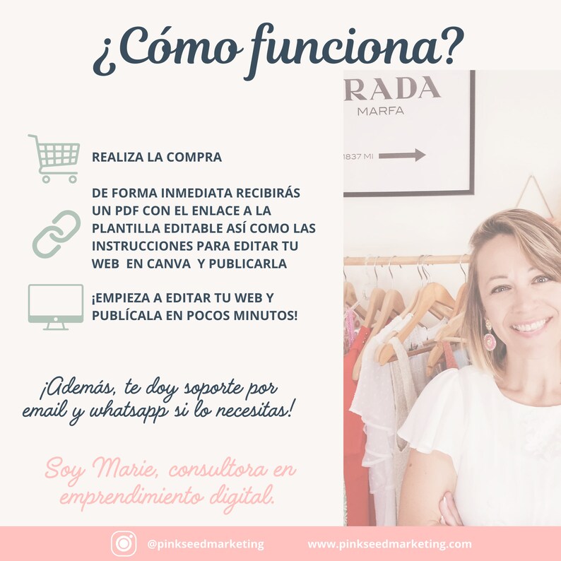 May include: A promotional graphic with the text "&iquest;C&oacute;mo funciona?" and instructions for editing a website in Canva. The image includes a smiling woman, a shopping cart icon, a chain link icon, and a computer monitor icon. The text also mentions support via email and WhatsApp.