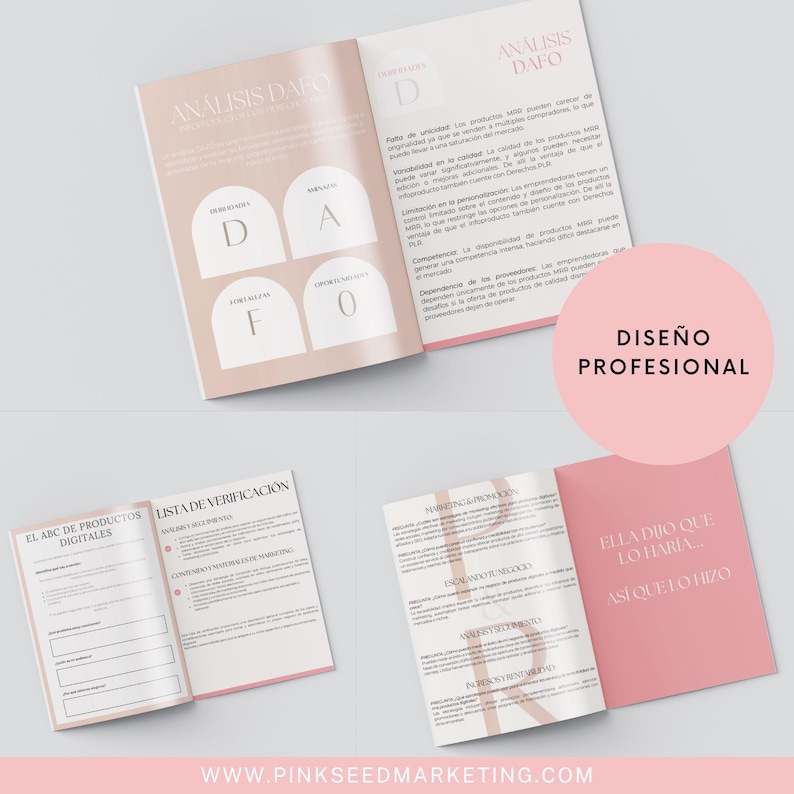 Puede incluir: Un folleto abierto de color rosa y blanco con el t&iacute;tulo "Dise&ntilde;o Profesional" en la portada. El folleto incluye una lista de verificaci&oacute;n titulada "Lista de Verificaci&oacute;n" y una secci&oacute;n titulada "El ABC de Productos Digitales".