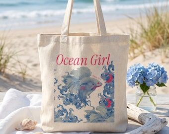 Ocean Girl Tote Bag, Christian Fish Design, Psalm 93:4 Canvas Beach Bag coastal aesthetic