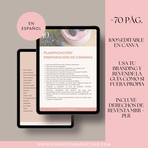 May include: Two digital tablets showing a Spanish meal planning guide. The guide offers recipes and resources for healthy eating. The text on the screen reads "Meal Planning/Meal Preparation". The background is pink with text that says "100% editable in Canva".