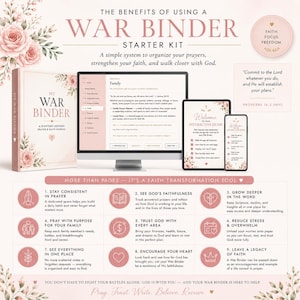 K&ouml;nnte beinhalten: Ein War Binder Starter-Set mit einem Gebetstagebuch, einem Computermonitor und einem Tablet, das interaktive Anleitungen anzeigt. Das Design umfasst zarte rosa Blumenmotive, religi&ouml;se Texte und eine Liste mit neun Vorteilen des Systems.