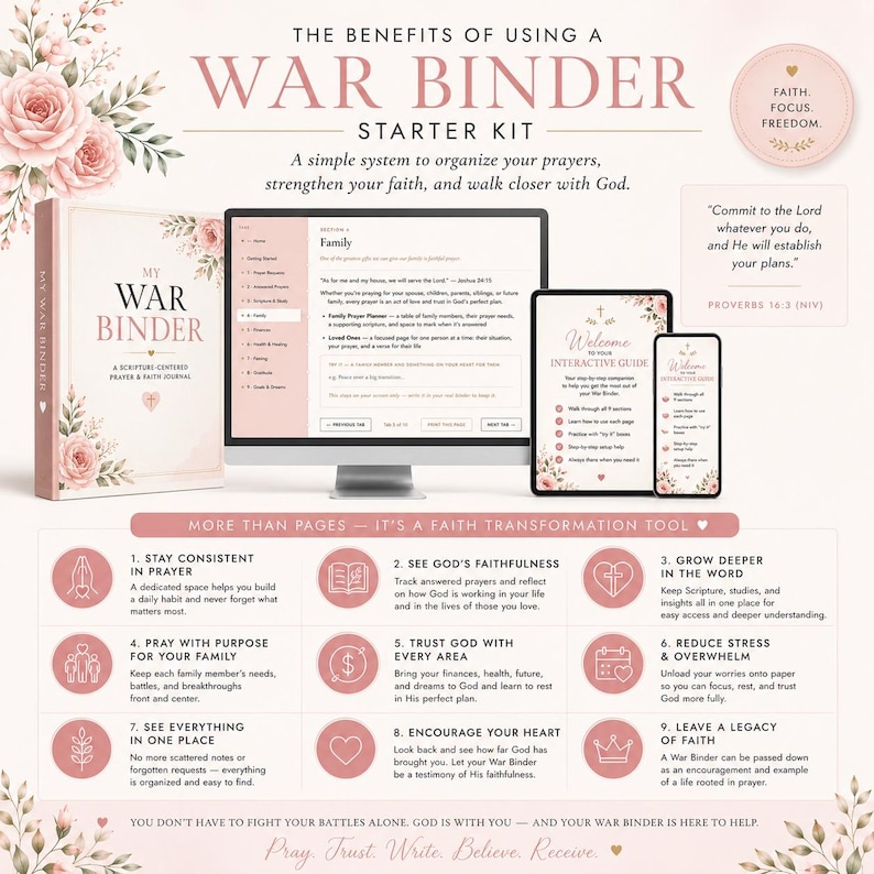 K&ouml;nnte beinhalten: Ein War Binder Starter-Set mit einem Gebetstagebuch, einem Computermonitor und einem Tablet, das interaktive Anleitungen anzeigt. Das Design umfasst zarte rosa Blumenmotive, religi&ouml;se Texte und eine Liste mit neun Vorteilen des Systems.