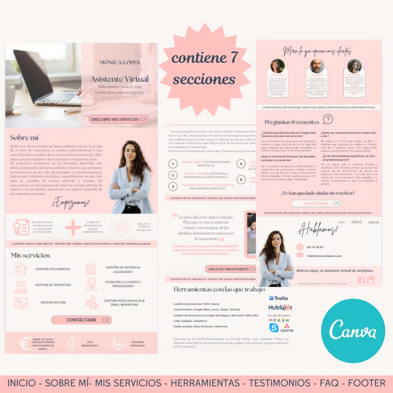May include: A pink and white website design for digital marketing services. The site features sections for services, testimonials, and contact details. Text includes "M&oacute;nica L&oacute;pez, Asistente Virtual" and "Descubre mis servicios".